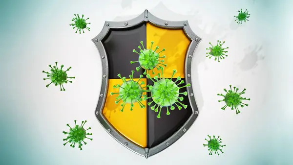 Green viruses and shield isolated on white background. 3D illustration.