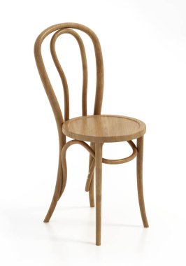 Beyaz arka planda izole edilmiş geleneksel ahşap bir mutfak sandalyesi. 3B illüstrasyon.