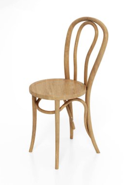 Beyaz arka planda izole edilmiş geleneksel ahşap bir mutfak sandalyesi. 3B illüstrasyon.