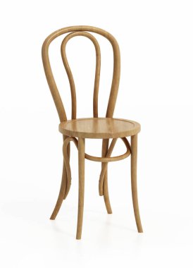 Beyaz arka planda izole edilmiş geleneksel ahşap bir mutfak sandalyesi. 3B illüstrasyon.