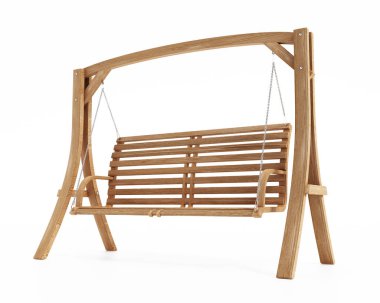 Beyaz arka planda izole edilmiş ahşap sallanan bahçe tezgahı. 3B illüstrasyon.