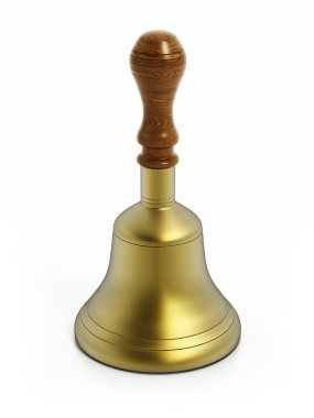 Pirinç el zili beyaz arka planda izole edildi. 3B illüstrasyon.