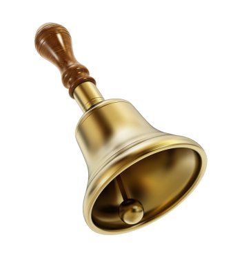 Pirinç el zili beyaz arka planda izole edildi. 3B illüstrasyon.