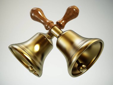 Gri arka planda pirinç çanlarını çaprazladım. 3B illüstrasyon.