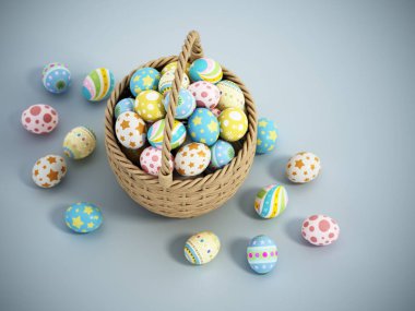 Geleneksel sepet boyalı, pastel renkli Paskalya yumurtaları. 3B illüstrasyon.