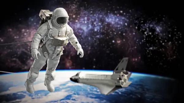 背景に地球とスペースシャトルを眺めながら宇宙飛行士 3Dイラスト ストック画像