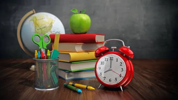 Red Apple Books Pencil Holder Model Globe Alarm Clock Green ストック写真