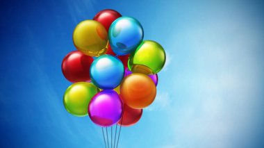 Renkli balonlara bağlı kırmızı alarm saati. 3B illüstrasyon.