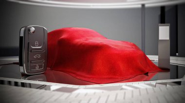 Yeni araba modeli vitrinde kırmızı ipek altına podyum. 3D çizim.