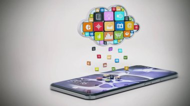 Raining digital apps on the smartphone from cloud shaped application store. 3D illustration.
