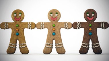 Zencefilli kurabiye yapan adamlar beyazların üzerinde el ele tutuşuyorlar. 3B illüstrasyon.