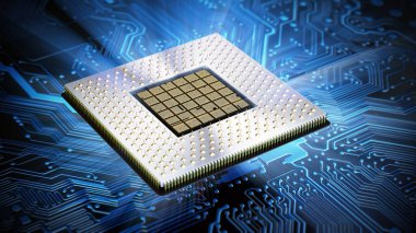 Ana güvertede mavi ışığı olan işlemci. 3B illüstrasyon.