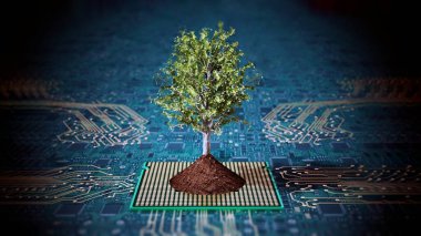 Yeşil yapraklı ağaç ve toprak PCB 'nin üzerinde duruyor. 3B illüstrasyon.