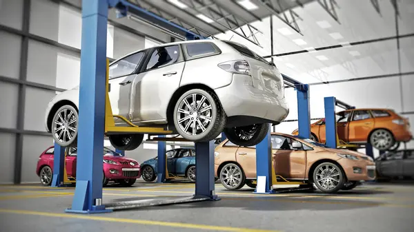 Automobile repair shop or car repair garage interior with cars on the lifts. 3D illustration.