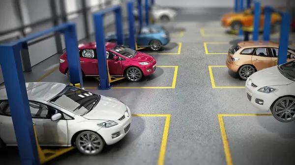 Automobile repair shop or car repair garage interior with cars on the lifts. 3D illustration.