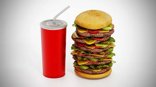 Большой Гамбургер Газировка Изолированы Белом Фоне Иллюстрация Стоковое Изображение
