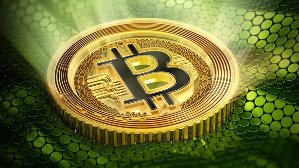 Glowing Generic Bitcoin Standing Green Background Illustration Stock Image
