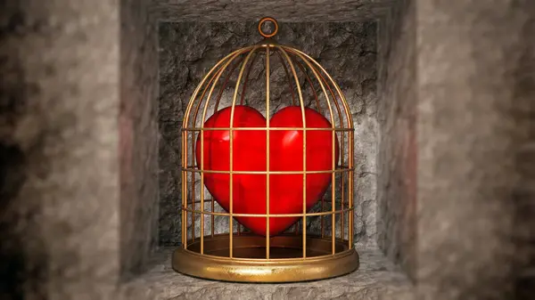 Red Heart Locked Gold Birdcage Illustration — Stock Photo, Image
