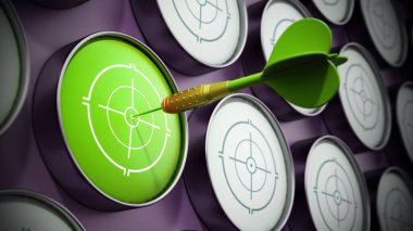 Red dart needle hit at the center of red target. 3D illustration.