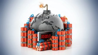 Bombanın etrafındaki bir grup dinamit beyaz arka planda izole edilmiş dünyayı şekillendirdi. 3B illüstrasyon.