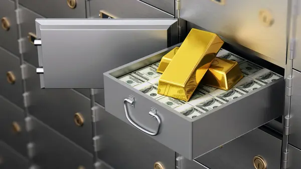 Open bank deposit box full of dollar bills and gold ingots. 3D illustration.