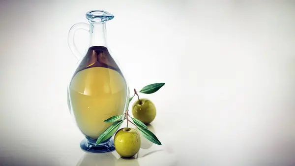 Скляна Пляшка Оливкової Олії Сирі Оливки Ізольовані Білому Тлі Ілюстрація Стокове Фото