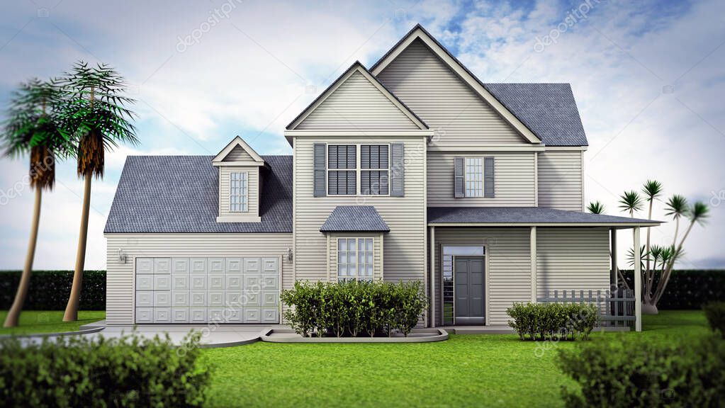 Luxurious big house with a large garden. 3D illustration.