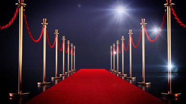 Kırmızı halı ve kadife ipler koyu arka planda izole edilmiş. 3B illüstrasyon.