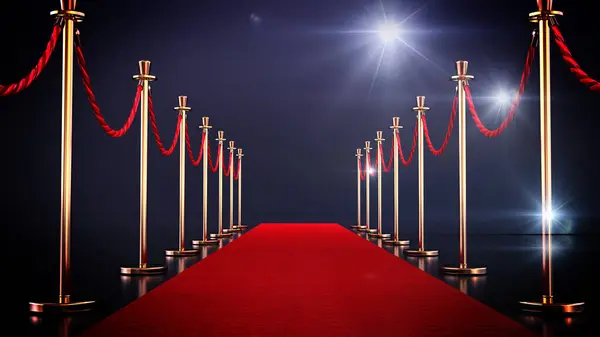 Red carpet and velvet ropes isolated on dark background. 3D illustration.