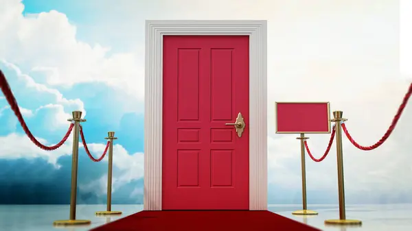 Czerwony Dywan Liny Bariery Prowadzące Drzwi Niebieskim Niebem Chmury Tła Obrazek Stockowy