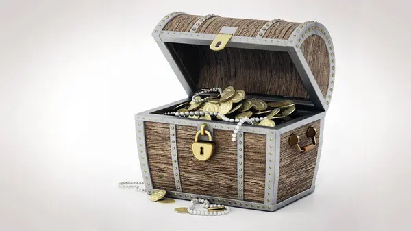Treasure Chest Full Antique Gold Coins Jewels Isolated White Background Imagen De Stock