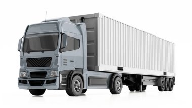 Beyaz arka planda yarı karavan kamyonu var. 3B illüstrasyon.