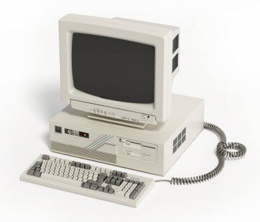 Klasik masaüstü bilgisayarı beyaz arkaplanda izole edildi. 3B illüstrasyon.