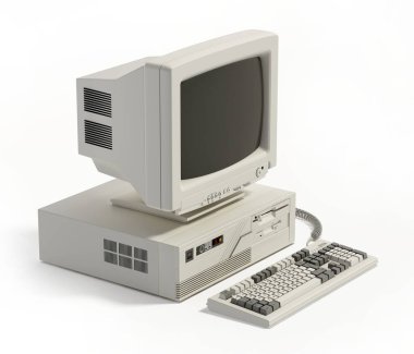 Klasik masaüstü bilgisayarı beyaz arkaplanda izole edildi. 3B illüstrasyon.