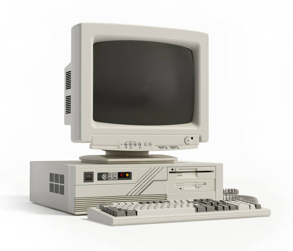 Винтажный настольный компьютер изолирован на белом фоне. 3D иллюстрация.