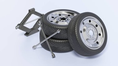 Araba lastikleri, kriko ve bijon anahtarı mavi arka planda izole edilmiş. 3B illüstrasyon.