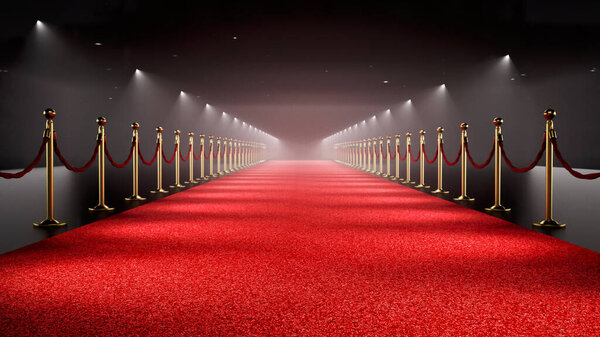Красная ковровая дорожка, украшенная бархатом. 3D иллюстрация.