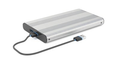 USB kablosu beyaz arka planda izole edilmiş dış depolama ünitesi. 3B illüstrasyon.