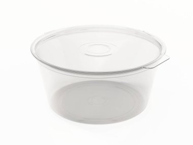 Beyaz arka planda izole edilmiş plastik tek kullanımlık sos kabı. 3B illüstrasyon.