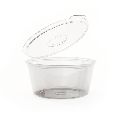 Beyaz arka planda izole edilmiş plastik tek kullanımlık sos kabı. 3B illüstrasyon.