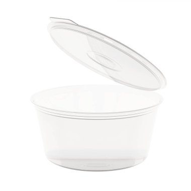 Beyaz arka planda izole edilmiş plastik tek kullanımlık sos kabı. 3B illüstrasyon.