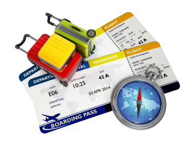 3D seyahat bileti ve bavullar..