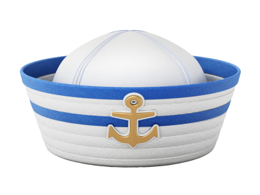 Beyaz arka planda izole edilmiş çizgili beyaz ve mavi denizci şapkası. 3B illüstrasyon.