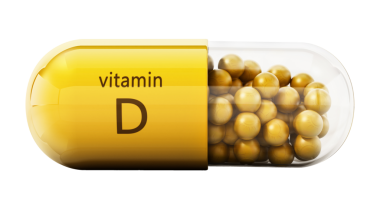 Güneş sembollü sarı küreli D vitamini hapı. 3B illüstrasyon.