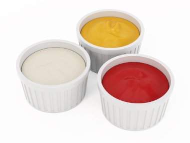 Beyaz arka planda izole edilmiş ketçap, mayonez ve hardal dolu sos bardakları. 3B illüstrasyon.