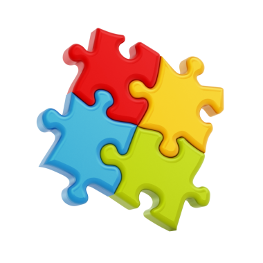 Şeffaf arkaplanda birbirine bağlı dört yapboz parçası