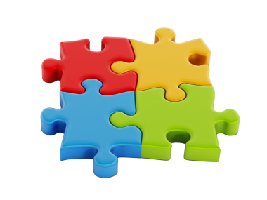 Şeffaf arkaplanda birbirine bağlı dört yapboz parçası