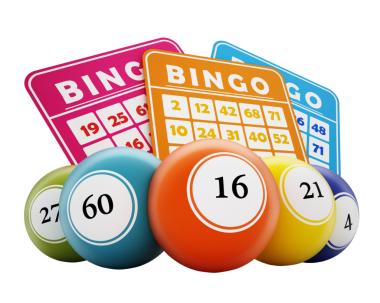 Bingo topları ve genel sayı kartlarıyla. 3D çizim.