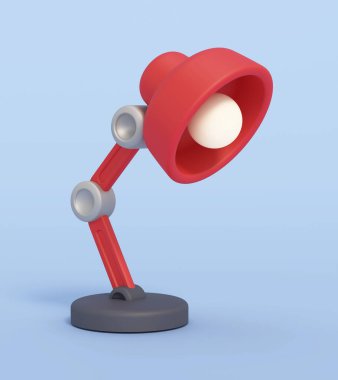 Mavi arka planda karikatür masası lambası var. 3B illüstrasyon