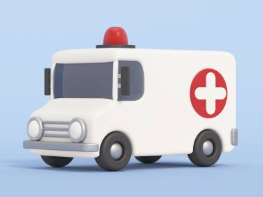 Mavi arka planda karikatür ambulansı izole edildi. 3B illüstrasyon.